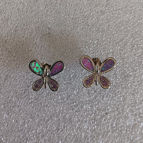 New - Butterfly With Pink Fire Opal and Amethyst Silver Stud Earrings - Picture 5 of 7